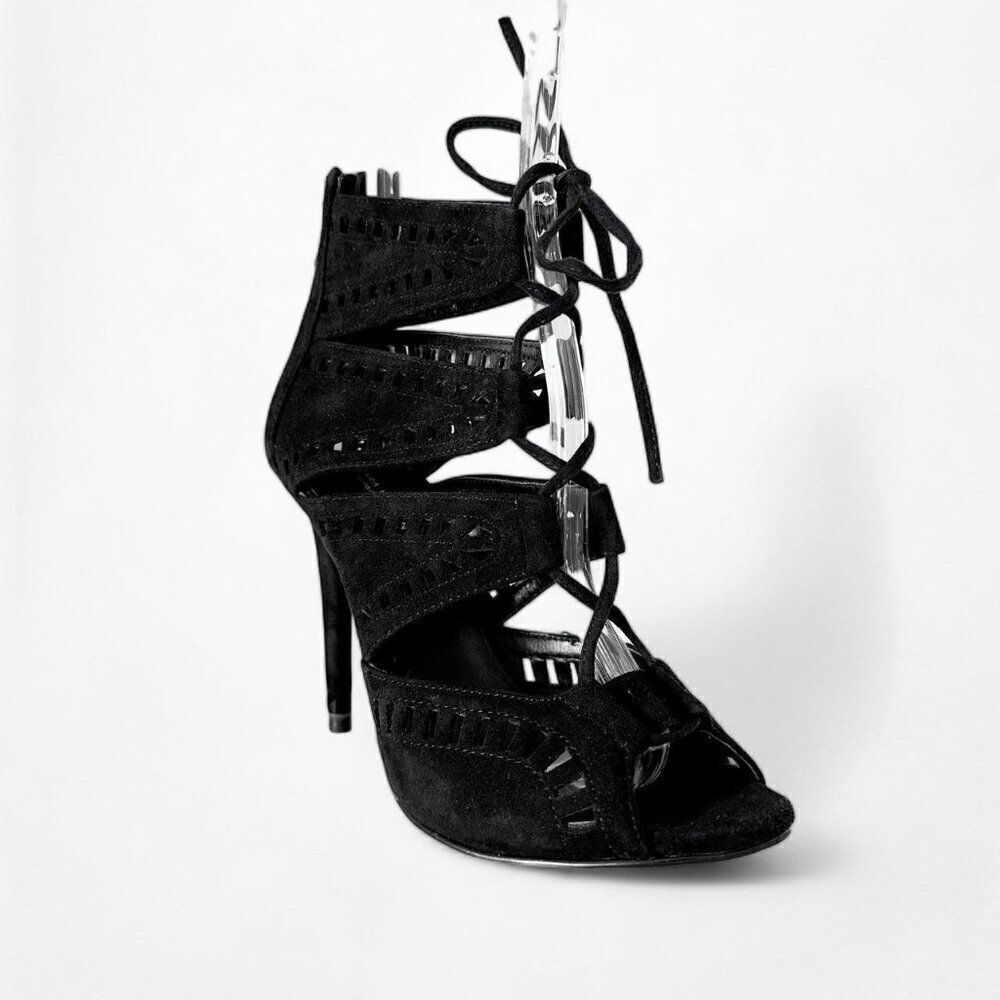 Zara Black Suede Leather Lace Up Peep Toe Ankle Bootie Stiletto Heels Size 6 - Picture 6 of 7